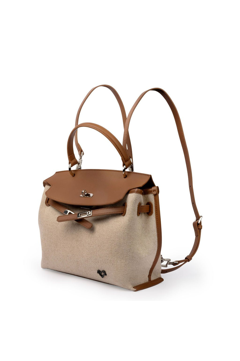 preneLOVE Rosseau Leather & Linen Convertible Handbag/Backpack in Cognac Brown