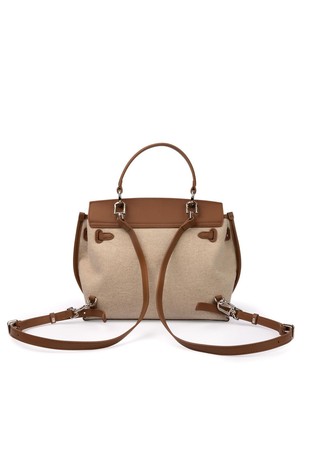 preneLOVE Rosseau Leather & Linen Convertible Handbag/Backpack in Cognac Brown