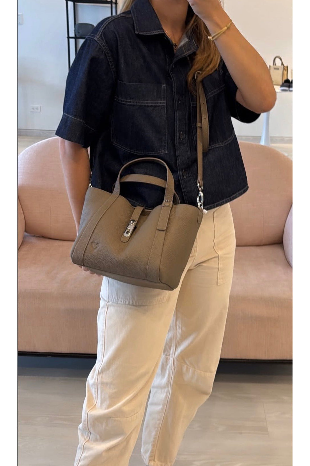 preneLOVE Laurentian Genuine Leather Handbag in Stone
