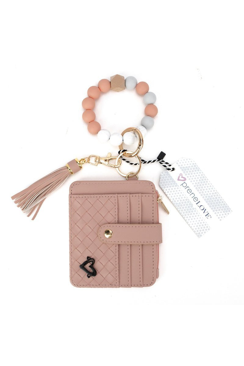 preneLOVE Calgary Vegan Leather Bracelet Card Case in Pink Peach Weave