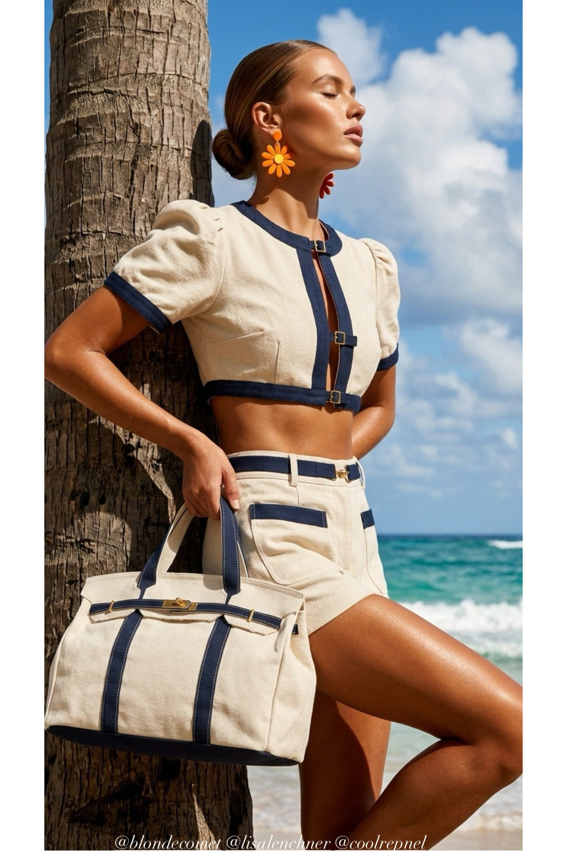 preneLOVE Wingold Large Canvas Tote in Natural & Navy
