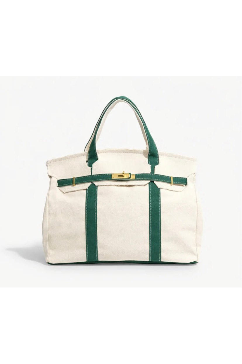 preneLOVE Wingold Large Canvas Tote in Natural & Green