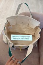 preneLOVE Wingold Large Canvas Tote in Natural & Green