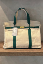 preneLOVE Wingold Large Canvas Tote in Natural & Green