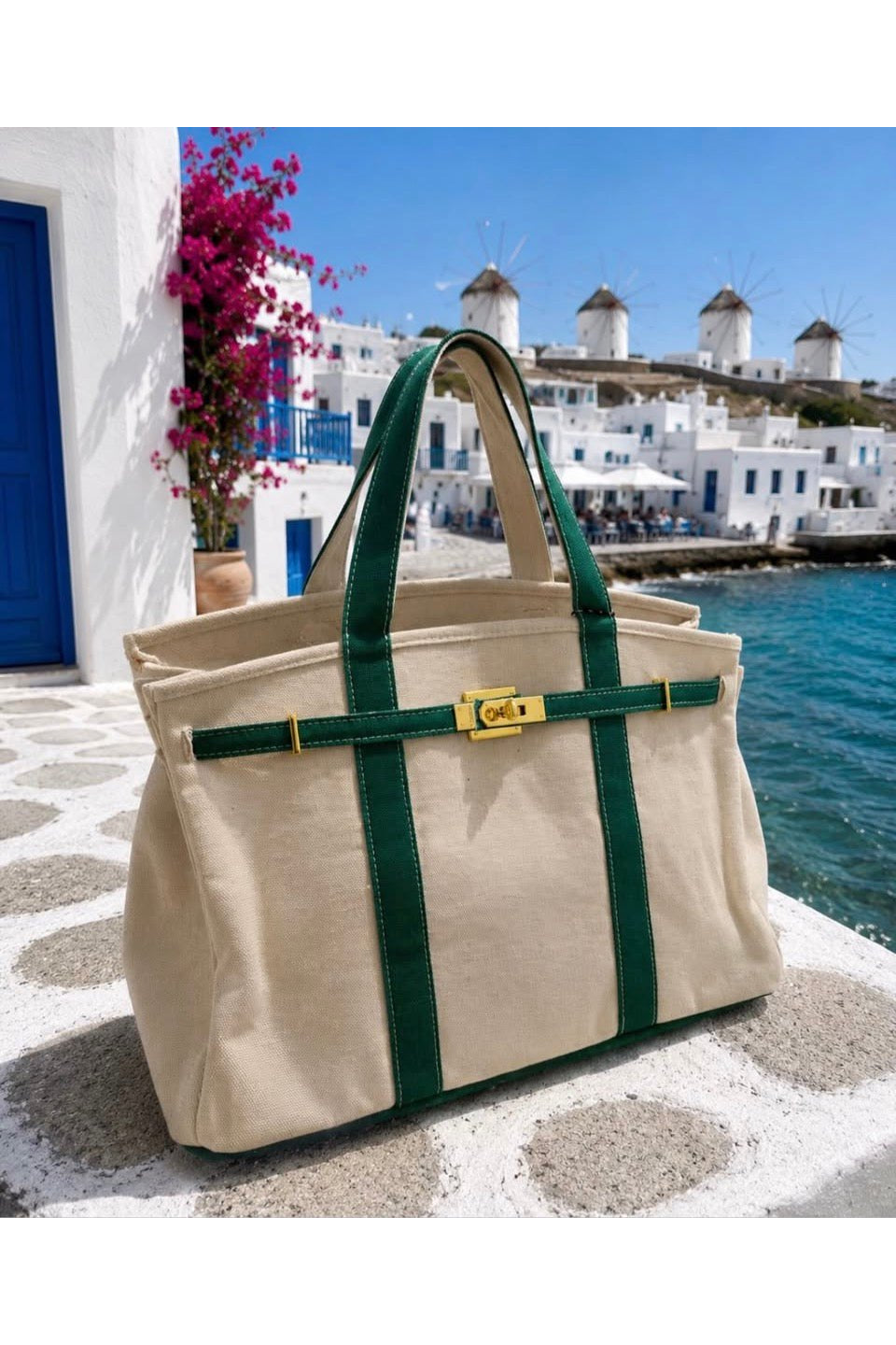 preneLOVE Wingold Large Canvas Tote in Natural & Green