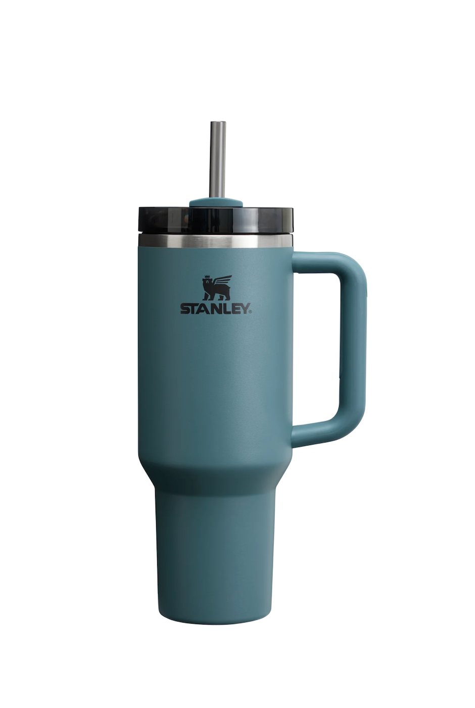Front side view of Stanley Quencher 40 oz tumbler in Blue Spruce with handle and straw