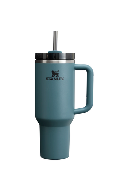 Front side view of Stanley Quencher 40 oz tumbler in Blue Spruce with handle and straw