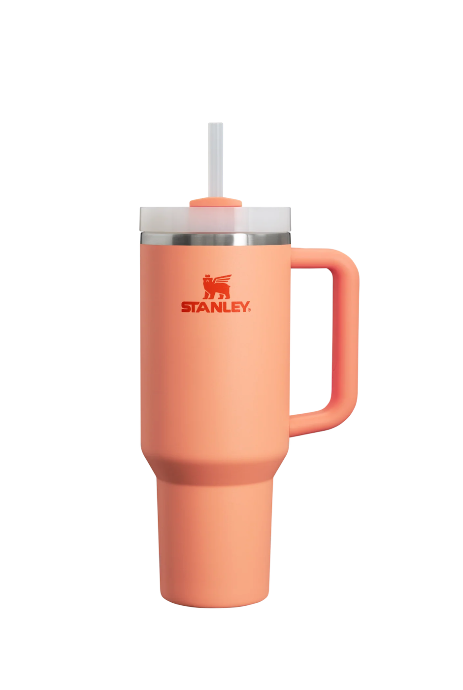 Front side view of Stanley Quencher 40 oz tumbler in Nectarine with handle and straw
