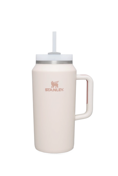 Front view of Stanley 64 oz Quencher Tumbler in Rose Quartz with handle and straw