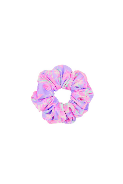 Close-up of lilac swim scrunchie showing soft fabric and floral pattern