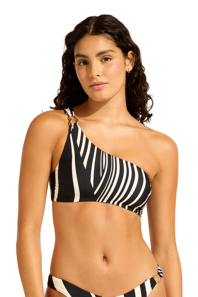 Seafolly Coastline one-shoulder bikini top in Black, front detail