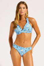Seafolly Modern Romance triangle bikini top in Powder Blue floral print, front view