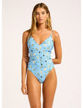 Seafolly Modern Romance V Neck one-piece swimsuit in powder blue
