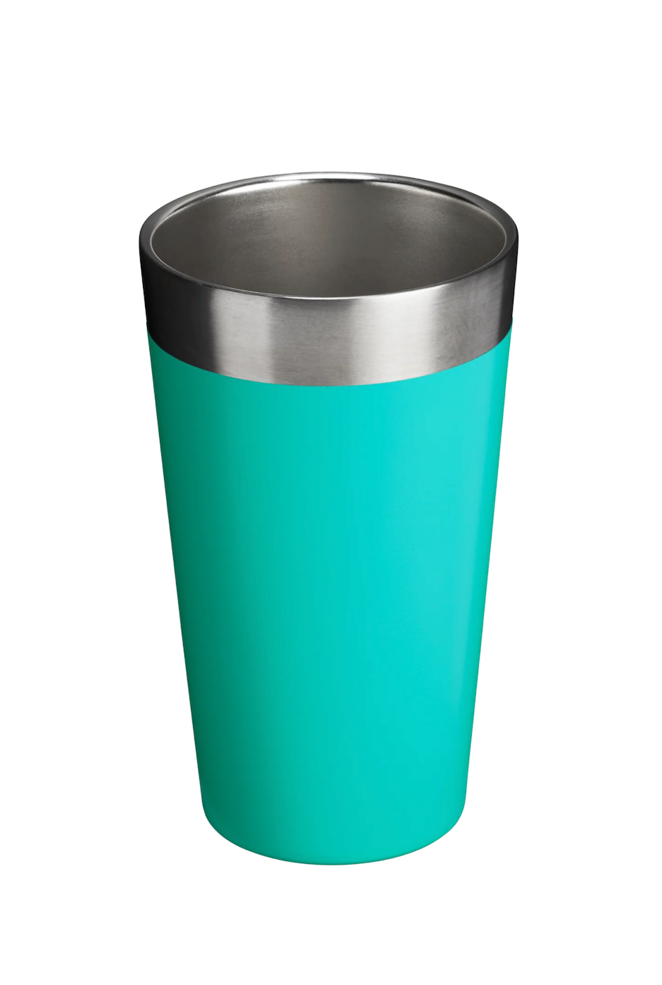 Top-down view of open pint cup showing interior stainless steel construction