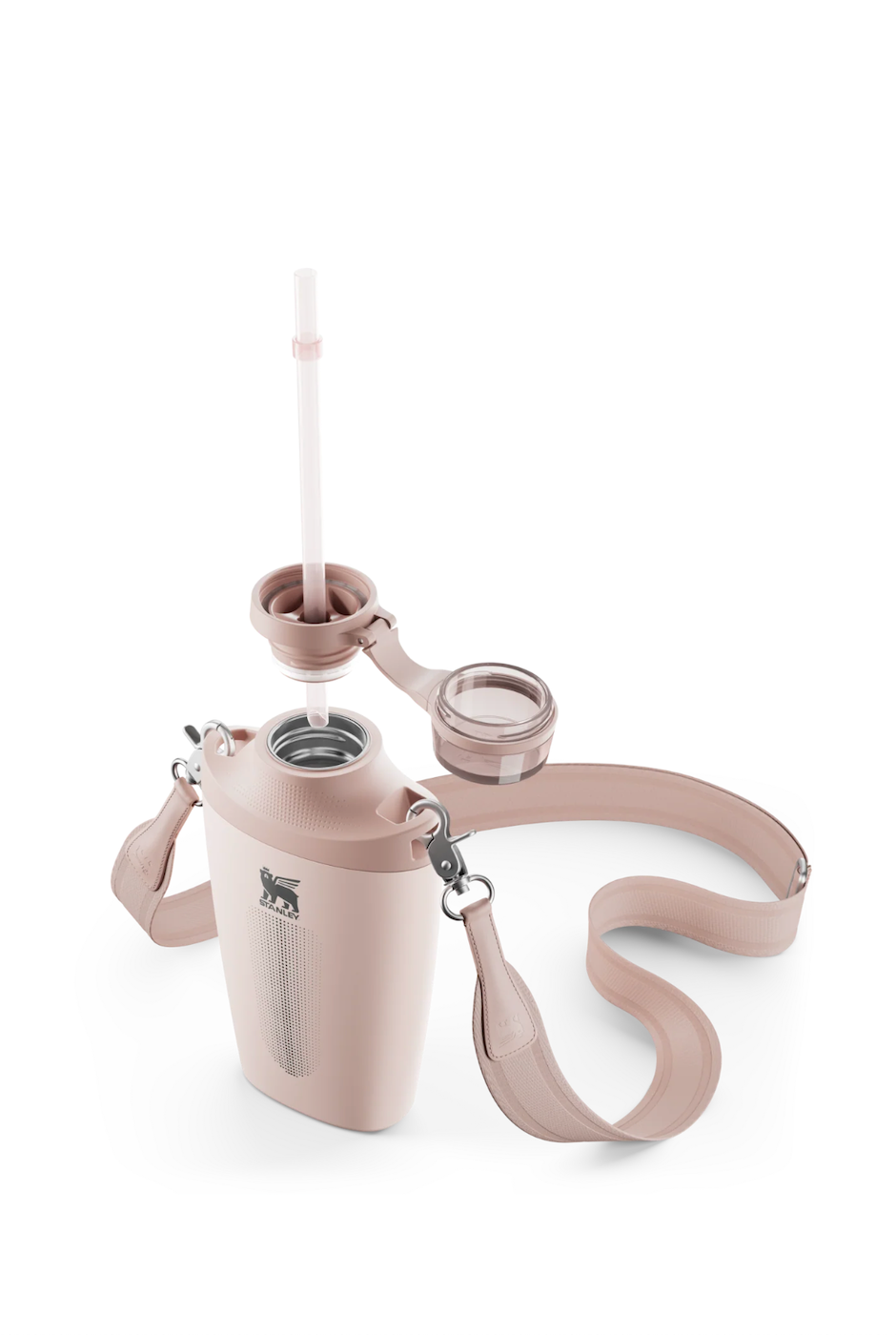 Angled view of the Rose Quartz Stanley Cross Bottle showing ergonomic handle and lid