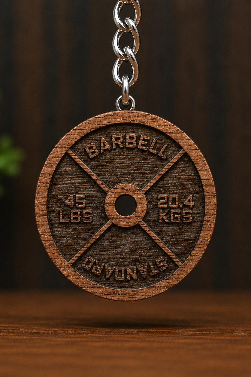 Two Makers Crew 45LBS Weight Plate Keychain in engraved walnut