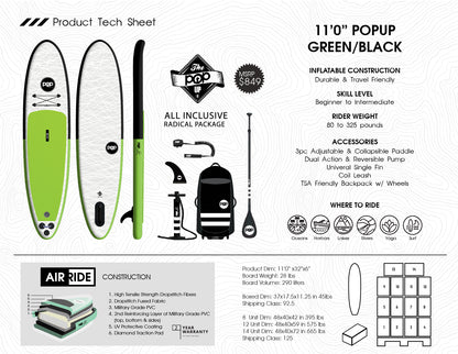 POP 11' INFLATABLE PADDLE BOARD GREEN/BLACK