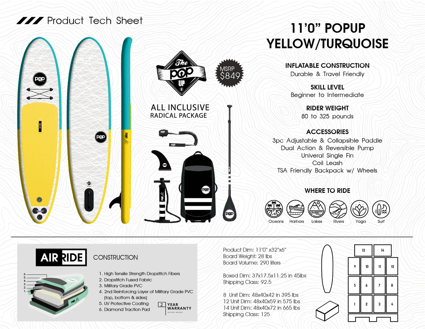 POP 11' INFLATABLE PADDLE BOARD YELLOW/TURQUOISE